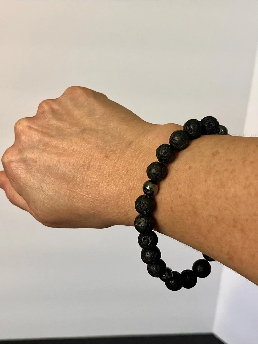 Extra Large Mens Black Lava Stone Beaded Bracelet with Hematite Accents